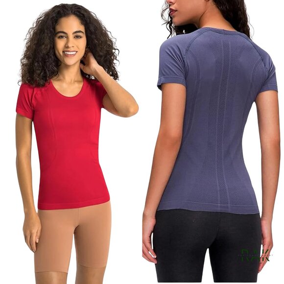LUYAA Red & Purple Gray Short Sleeve Slim Fit Athletic Top | Size L | Set of 2 - Picture 1 of 10